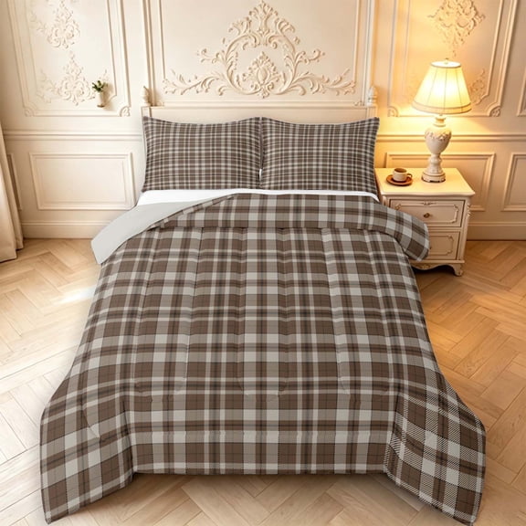 Manfei Vintage Plaid Queen Comforter Set,Retro Grid Comforter Sets Queen,Brown White,Light Gray Reversible,3 Pieces,1 Comforter and 2 Pillowcases,3 Pieces,1 Comforter and 2 Pillowcases