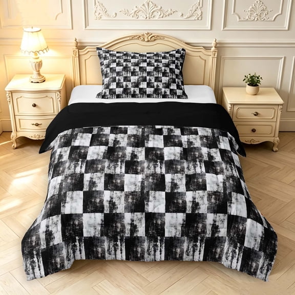 Manfei Vintage Plaid Twin Comforter Sets,Retro Grid Bedding Set,Black White,Black Reversible,2pcs,1 Comforter and 1 Pillowcase,2pcs,1 Comforter and 1 Pillowcase