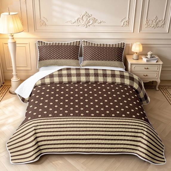 Manfei Vintage Plaid Twin Quilt Set,Cute Polka Dot Twin Coverlet Set,Brown Yellow,2-Piece,1 Bedspread and 1 Pillowcase