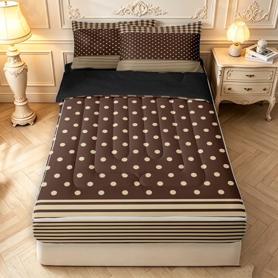 Manfei Vintage Plaid Zipper Twin Comforter Sets with Fitted Sheet and 2 Pillowcases,Cute Polka Dot Zipper Bedding Set,Brown Yellow,Black Reversible,4pcs