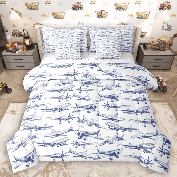 Manfei Vintage Plane Bedding Comforter Set 7-Piece for Boys, Blue Sketch Airplane Full Bedding Set, Retro Aircraft Fitted Sheet Flat Sheet, Microfiber Bedroom Decor