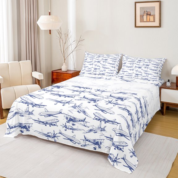 Manfei Vintage Plane Full Size Sheets 4-Piece for Boys, Blue Sketch Airplane Bed Sheets, Retro Aircraft Sheet Sets, Microfiber Bedroom Decor