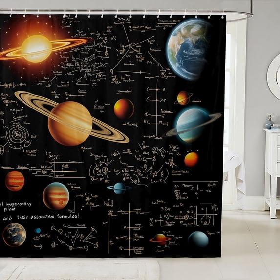 Manfei Vintage Planets Shower Curtain 72Wx78L,Celestial Math Notes Print Bath Curtain,Black Brown