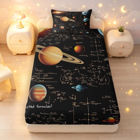 Manfei Vintage Planets Twin Fitted Sheet,Celestial Math Notes Print Bedding,Black Brown,2-Piece