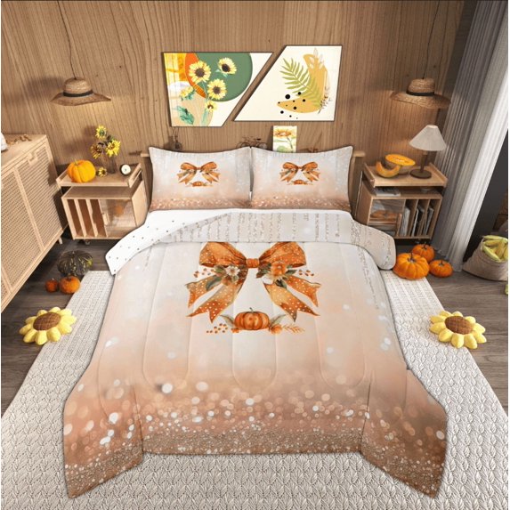 Manfei Vintage Princess Ribbon Queen Comforter Set for Kid, Autumn Pumpkin Bedding Sets, Fashion Sequin Print Reversible Bedding Comforter Set, Microfiber Bedroom Decor, 3 Pieces