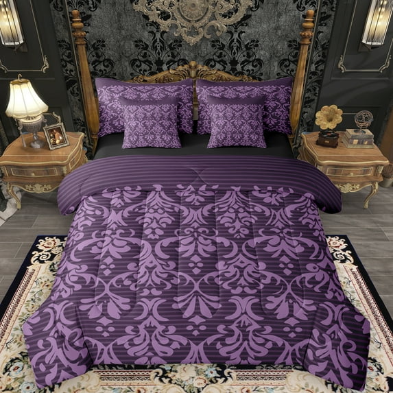 Manfei Vintage Purple Damask 7pcs Bedding Comforter Set, Tribal Mandala Flower Floral Queen Bedding Sets, Teens Adult Female Reversible Queen Sheet Sets, Breathable Home Decor