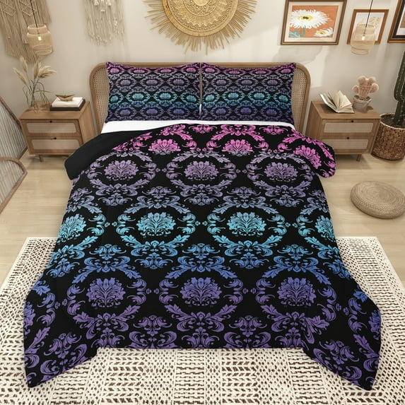 Manfei Vintage Purple Damask Queen Comforter Set, Tribal Mandala Flower Floral Bedding Sets, Teens Adult Female Reversible Bedding Comforter Set, Lightweight Room Decor, 3pcs