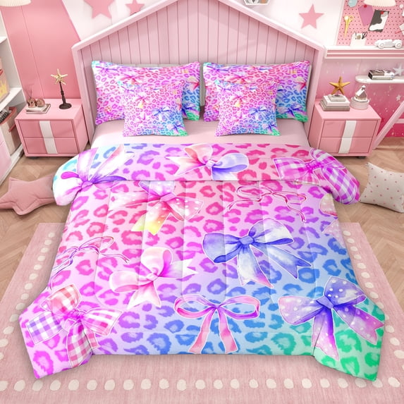 Manfei Vintage Purple Ribbon 7-Piece Twin Bedding Sets for Kids, Chic Cheetah Print Bedding Comforter Set, Fashion Bowknot Rainbow Reversible Sheet Sets, Lightweight Room Decor