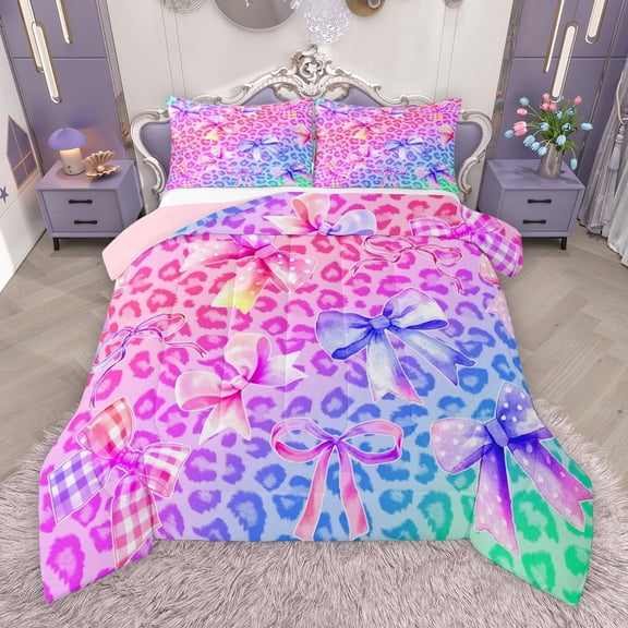 Manfei Vintage Purple Ribbon Full Size Comforter Sets for Kids, Chic Cheetah Print Bedding Comforter Set, Fashion Bowknot Rainbow Reversible Bedding Sets, Lightweight Room Decor, 3 Pieces