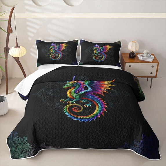 Manfei Vintage Rainbow Dragon Animals Quilt Full,Retro Flower Full Bedspread Sets,Black,3pcs,1 Coverlet and 2 Pillowcases