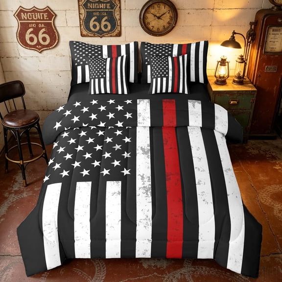 Manfei Vintage Red American Flag King Bedding, Patriotic King Bed in a Bag, Black White Red, Black Reversible 7pcs