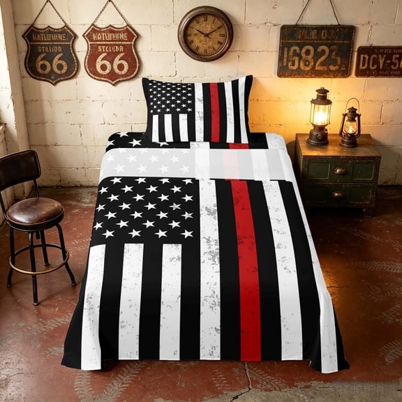 Manfei Vintage Red American Flag Twin Sheets, Patriotic Bedding, Black White Red, Black Reversible 3pcs (1 Flat Sheet, 1 Fitted Sheet and 1 Pillowcase)