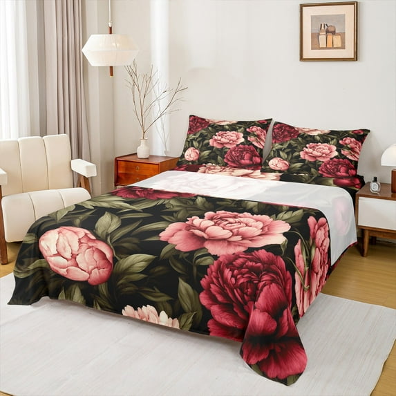 Manfei Vintage Red Pink Peony Bed Sheets 4 Pieces, Tropical Floral Flower King Sheets, Garden Blossoms Sheet Set, Black Green