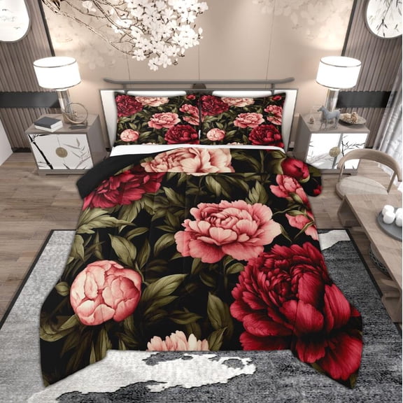 Manfei Vintage Red Pink Peony Bedding Comforter Set, Tropical Floral Flower Twin Comforter Sets, Garden Blossoms Bedding Set, Black Green, Reversible 2pcs