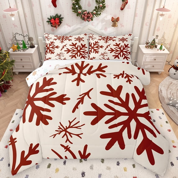 Manfei Vintage Red Snowflake Queen Comforter Set,Merry Christmas Bedding Sets,Happy New Year Bedding Comforter Set For Men Women,Microfiber Bedroom Decor Reversible,3 Pieces