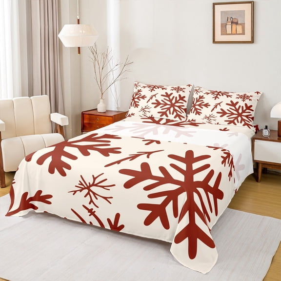 Manfei Vintage Red Snowflake Queen Sheet Sets,Merry Christmas Flat Sheet,Happy New Year Queen Fitted Sheet For Men Women,Microfiber Bedroom Decor,4 Pieces