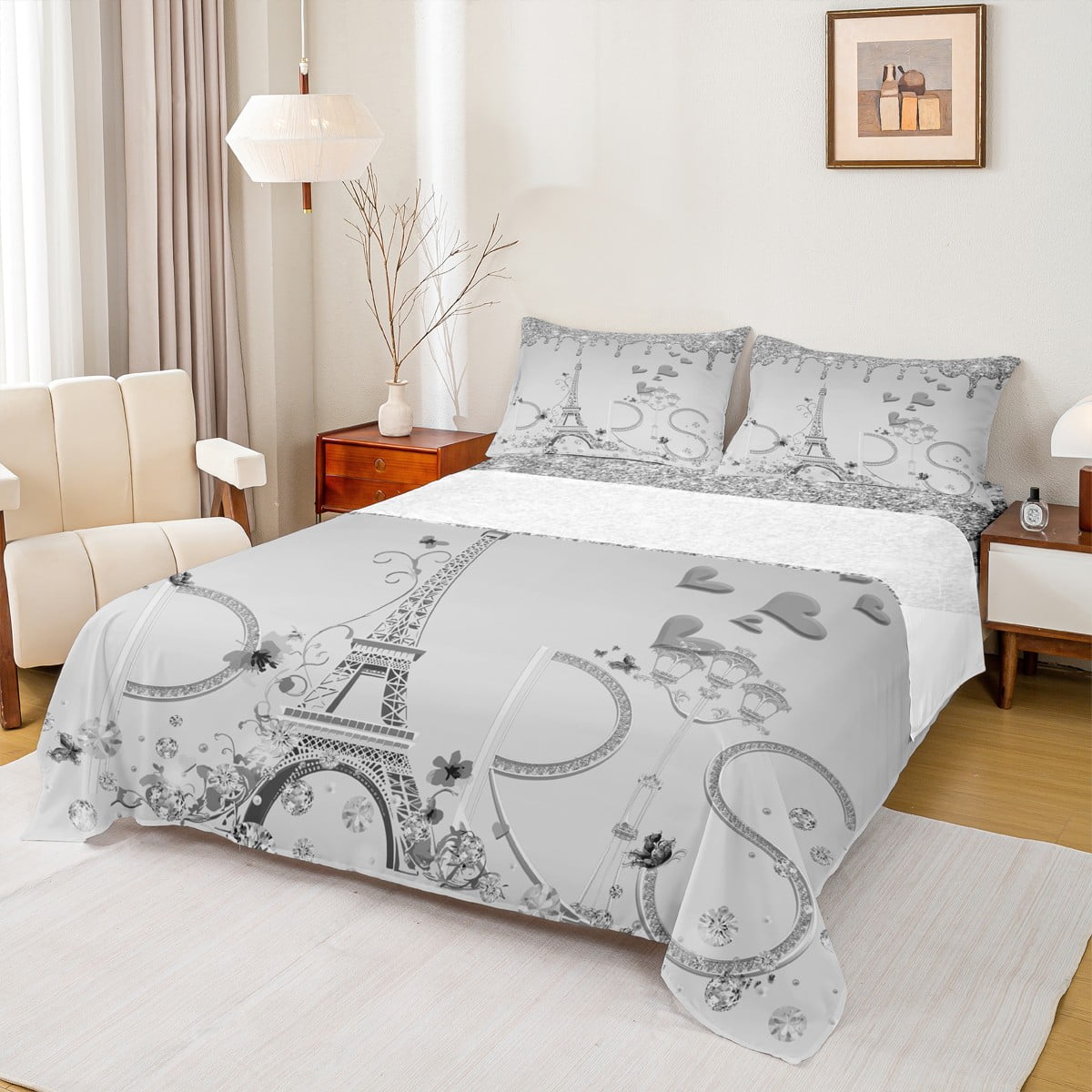 Manfei Vintage Romantic Bed Sheets, Grey Eiffel Tower King Sheets ...