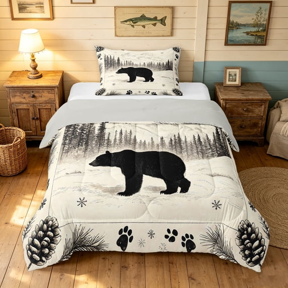 Manfei Vintage Rustic Bear Twin Comforter Sets, Woodland Farmhouse Bedding Set, White Gray, Gray Reversible, 2pcs, 1 Comforter and 1 Pillowcase