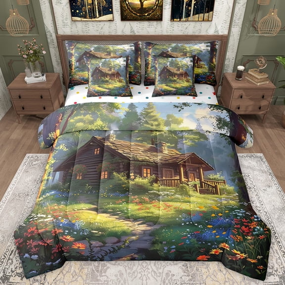 Manfei Vintage Rustic Cottage Bedding Comforter Set 7-Piece for Female Men,Nature Scenery King Bedding Sets,Colorful Floral Flowers Ultra Soft Bed Sheets,Microfiber Bedroom Decor,Reversible