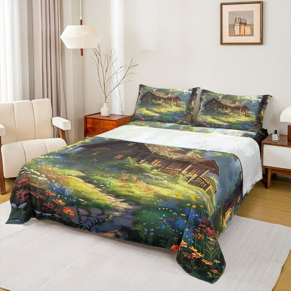 Manfei Vintage Rustic Cottage Twin Sheet Sets 3pcs for Female Men,Nature Scenery Twin Fitted Sheet Microfiber,Colorful Floral Flowers Breathable Flat Sheet,Microfiber Bedroom Decor