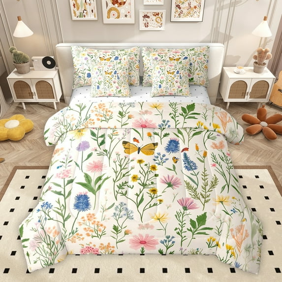Manfei Vintage Rustic Floral Bedding Comforter Set 7 Pieces, Kawaii Butterfly Animal Full Bedding Set, Countryside Reversible Fitted Sheet Flat Sheet, Microfiber Bedroom Decor