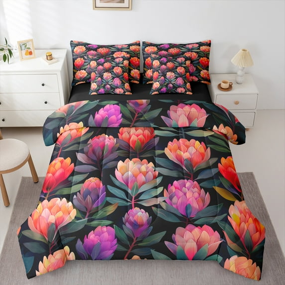 Manfei Vintage Rustic Flower Bedding Comforter Set 7-Piece, Plant Botanical King Bedding Sets, Western Countryside Reversible Bed Sheets, Super Cozy Room Decor