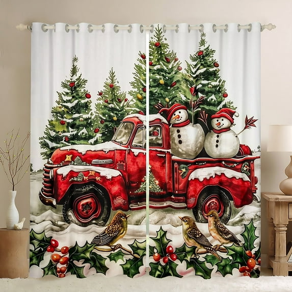 Manfei Vintage Rustic Truck Black Out Curtains, Christmas Tree Gift Curtains Pack of 2 (42x63 Each), Cartoon Winter Snowman Bedroom Curtains, Curtains and Drapes Home Decor