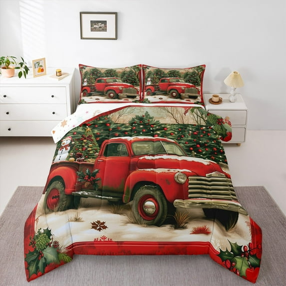 Manfei Vintage Rustic Truck Full Size Comforter Sets, Christmas Tree Gift Bedding Comforter Set, Winter Snowman Reversible Bedding Sets, Breathable Home Decor, 3pcs