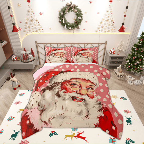 Manfei Vintage Santa Claus Full Size Comforter Sets,Merry Christmas Bedding Comforter Set,Red Polka Dots Bedding Sets For Girls Boys,Luxury Bedroom Decor Reversible,3-Piece