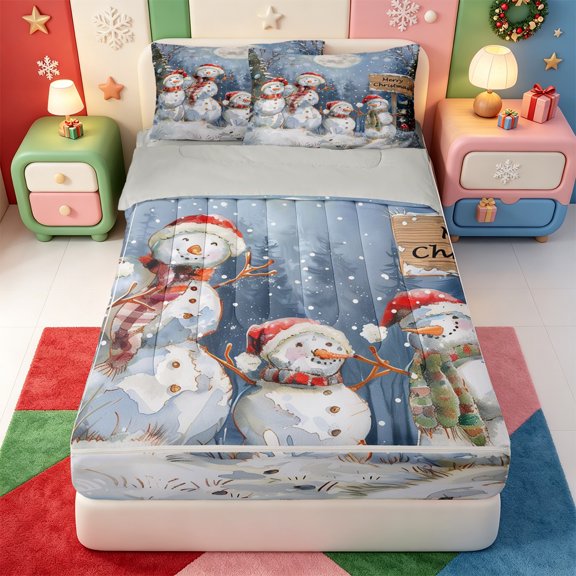 Manfei Vintage Santa Claus Zipper Twin Comforter Sets with Fitted Sheet and 2 Pillowcases,Christmas Happy Holiday Zipper Bedding Set,Light Gray Reversible,4pcs