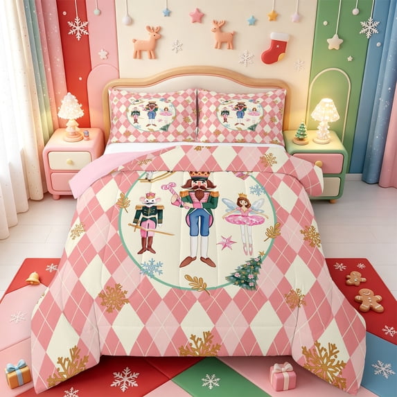 Manfei Vintage Santa Sleigh King Size Comforter Sets,Merry Xmas Comforters King Size,Pink Reversible,3pcs,1 Comforter and 2 Pillowcases