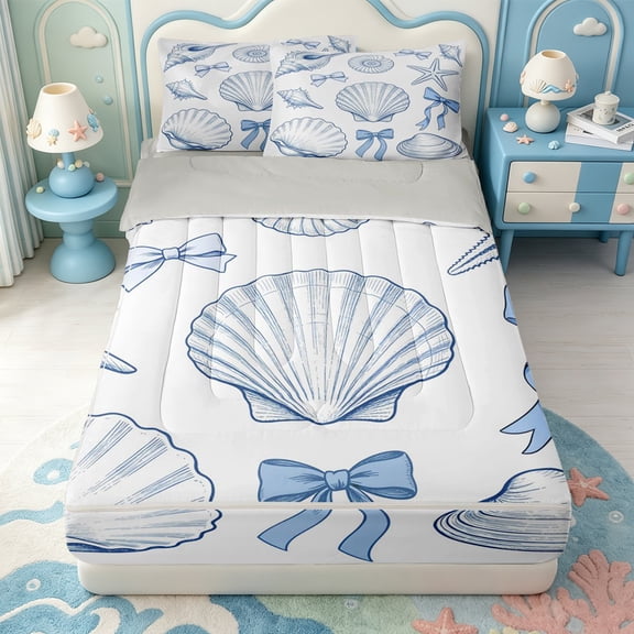 Manfei Vintage Scallop Zipper Queen Comforter Set with Fitted Sheet and 2 Pillowcases,Cartoon Bow Conch Zipper Bedding Set,Light Gray Reversible,4pcs