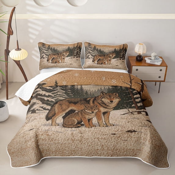 Manfei Vintage Snowy Wolf Quilt King,Rustic Winter Tree King Coverlet Set,Brown,3 Pieces