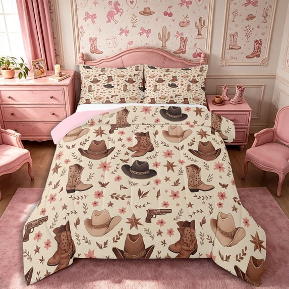 Manfei Vintage Southwestern Cowboy Boots Hat Full Size Comforter Sets 3-Piece,Chic Flowers Bedding Comforter Set,Cream Brown,1 Comforter and 2 Pillowcases,Reversible