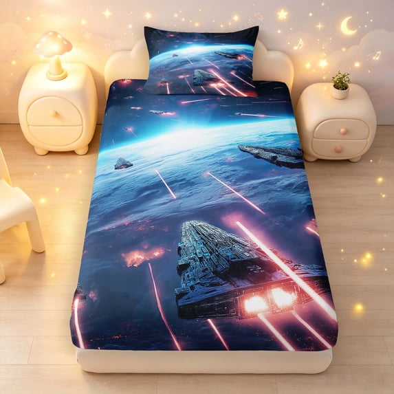 Manfei Vintage Spaceships Fitted Sheet Queen,Space Celestial Print Bedding,Blue Red Black,3pcs