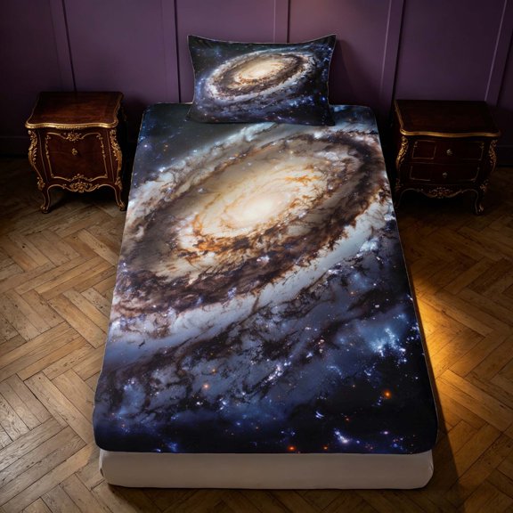 Manfei Vintage Spiral Galaxy Fitted Sheet Full,Celestial Stars Bed Set,Silver Brown Blue,3pcs