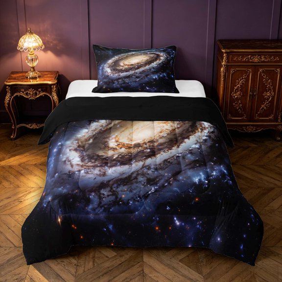 Manfei Vintage Spiral Galaxy Twin Comforter Sets,Celestial Stars Bedding Set,Silver Brown Blue,Black Reversible,2 Pieces,1 Comforter and 1 Pillowcase