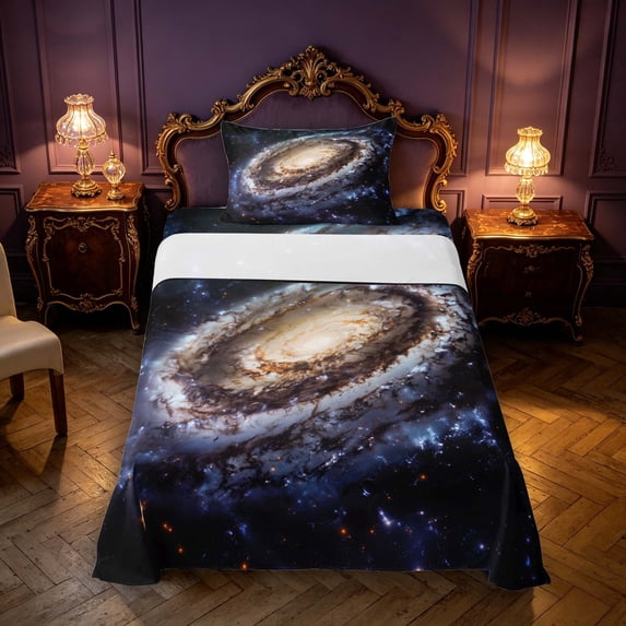 Manfei Vintage Spiral Galaxy Twin Sheets,Celestial Stars Bedding,Silver Brown Blue,3 Pieces,1 Flat Sheet,1 Fitted Sheet and 1 Pillowcase