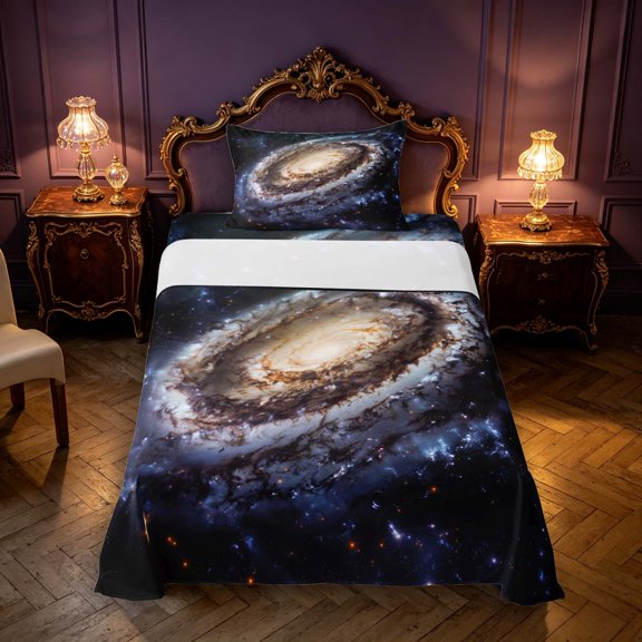 Manfei Vintage Spiral Galaxy Twin Sheets,Celestial Stars Bedding,Silver Brown Blue,3 Pieces,1 Flat Sheet,1 Fitted Sheet and 1 Pillowcase