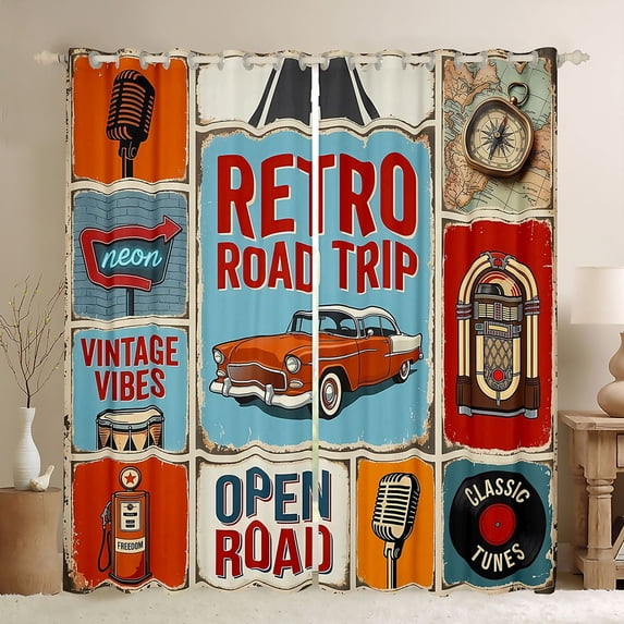 Manfei Vintage Sports Car Blackout Curtains Set of 2 (52x84 Each),Retro Letter Pattern Curtain,Blue Orange