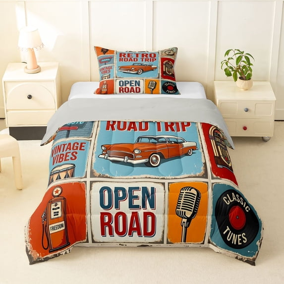 Manfei Vintage Sports Car Twin Comforter Sets,Retro Letter Pattern Bedding Set,Blue Orange,Light Gray Reversible,2pcs,1 Comforter and 1 Pillowcase