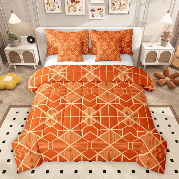 Homewish Vintage Square Abstract Bedding Comforter Set 7pcs, Fashion Stripes Ombre King Bedding Sets, Orange Gold Minimalism Reversible Bed Sheets, Ultra Soft Bedroom Decor