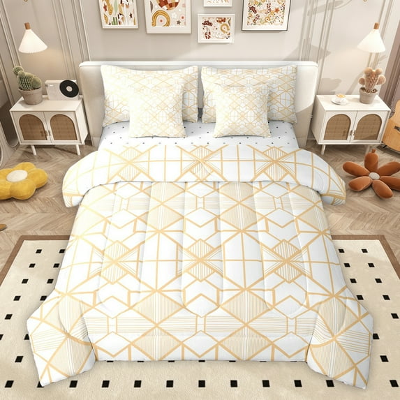 Homewish Vintage Square Abstract Bedding Comforter Set 7pcs, Fashion Stripes Ombre Queen Bedding Sets, White Gold Minimalism Reversible Queen Sheet Sets, Luxury Bedroom Decor