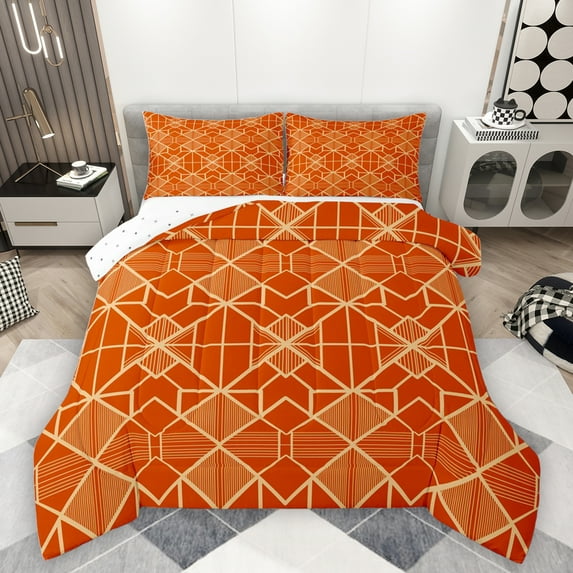 Homewish Vintage Square Abstract Queen Comforter Set, Fashion Stripes Ombre Bedding Sets, Orange Gold Minimalism Reversible Bedding Comforter Set, Ultra Soft Bedroom Decor, 3pcs