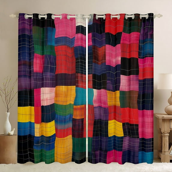 Manfei Vintage Square Geometric Black Out Curtains, Colorful Abstract Curtains Pack of 2 (42x63 Each), Teen Child Adult Bedroom Curtains, Curtains and Drapes Home Decor
