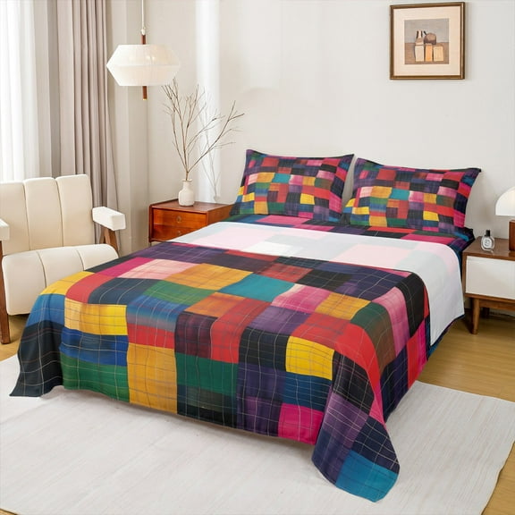 Manfei Vintage Square Geometric Twin Sheet Sets, Colorful Abstract Twin Fitted Sheet, Teen Child Adult Flat Sheet, Ultra Soft Home Decor, 3pcs