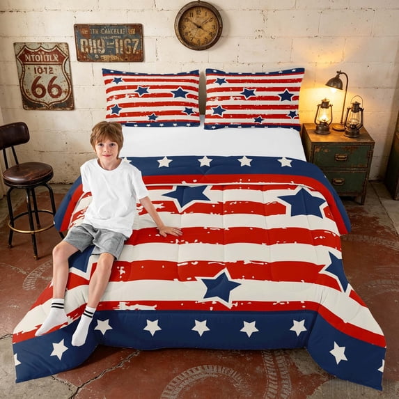 Manfei Vintage Star Stripe Queen Comforter Set, Patriotic USA Flag Comforter Sets Queen, Red White Blue, Navy Reversible 3pcs, 1 Comforter and 2 Pillowcases