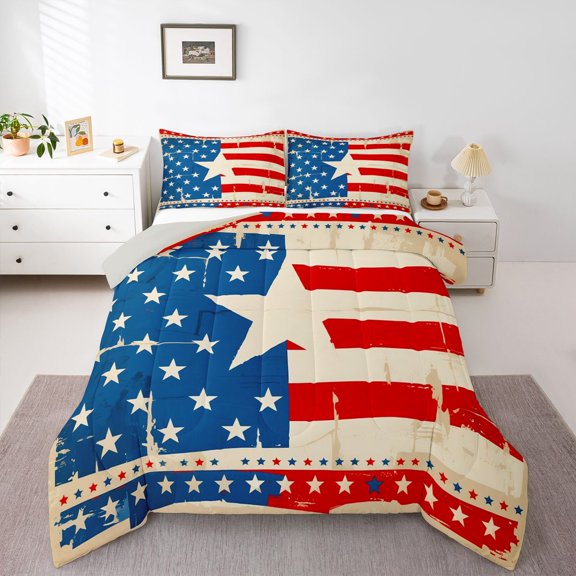 Manfei Vintage Stars Usa Flag Queen Comforter Set,Red White Navy Comforter Sets Queen,Light Gray Reversible,3-Piece,1 Comforter and 2 Pillowcases