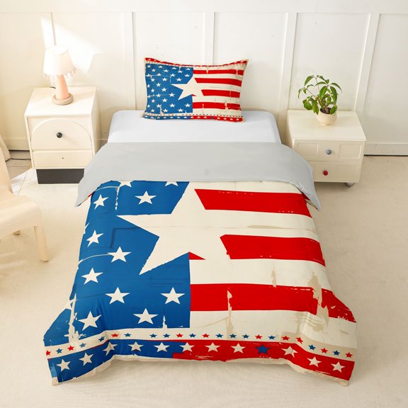 Manfei Vintage Stars Usa Flag Twin Duvet Cover,Red White Navy Twin Bedding,Light Gray Reversible,2 Pieces,1 Duvet Cover and 1 Pillowcase