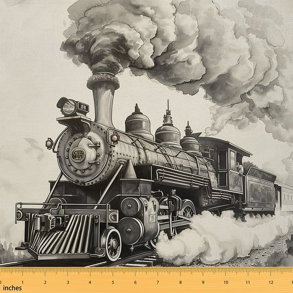 Manfei Vintage Steam Engine Fabric by the Yard (1 Yard), Retro Train Decorative Fabric by the Yard, Transportation Sewing & Crafting Fabric